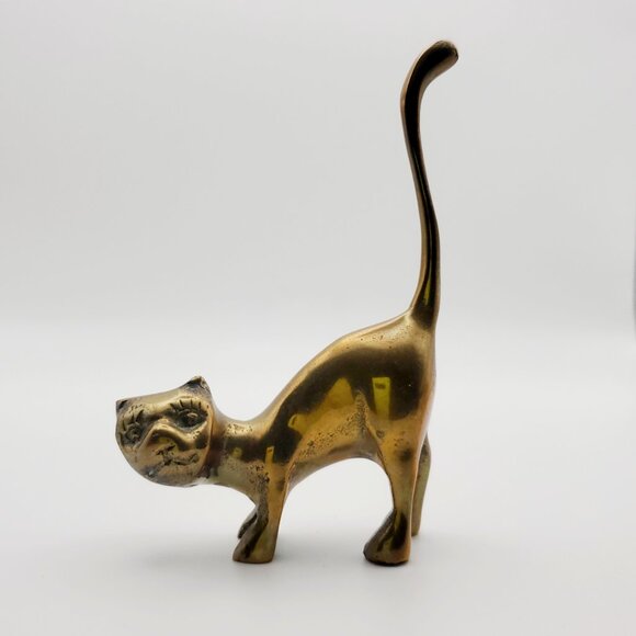 Vtg MCM Solid Brass Ring Holder Cats 2pcs | A Pair of Cat Figurines Dresser Top - Picture 9 of 9